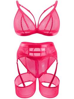 popiv 4 Stück Strumpfband Dessous für Frauen Sexy Cutout Dessous Mesh Matching Dessous Set, Neonpink, Large von popiv