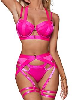 popiv Damen Dessous Set 4 Stück Strapse Dessous mit Oberschenkel Bündchen Träger Unterwäsche Set mit Strumpfgürtel, rose, 36 von popiv