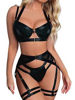 popiv Damen Dessous Set 4 Stück Strapse Dessous mit Oberschenkelmanschetten Strappy Unterwäsche Set mit Strumpfgürtel, Schwarz , 38 von popiv