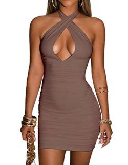 popiv Damen Sexy Minikleid Criss Cross Bodycon Ruched Neckholder Party Club Kleid, braun, Medium von popiv