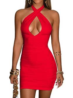 popiv Damen Sexy Minikleid Criss Cross Bodycon Ruched Neckholder Party Club Kleid, rot, Small von popiv