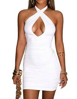 popiv Damen Sexy Minikleid Criss Cross Bodycon Ruched Neckholder Party Club Kleid, weiß, Small von popiv