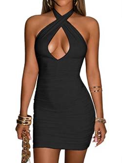 popiv Damen Sexy Minikleid Criss Cross Bodycon Rüschen Neckholder Party Club Kleid, Schwarz , Small von popiv