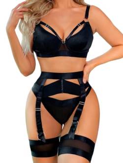 popiv Sexy Dessous Set für Frauen 4 Stück BH und Panty Set mit Strumpfgürtel Strappy Dessous Set mit Oberschenkelmanschetten, Schwarz , 48 von popiv