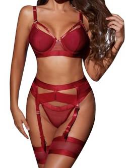 popiv Sexy Dessous Set für Frauen 4-teiliges BH und Höschen Set mit Strumpfband Gürtel Träger Dessous Set mit Oberschenkelmanschetten, burgunderfarben, 48 von popiv