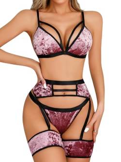 popiv Sexy Dessous für Damen, mit Riemchen, Spitze, Strumpfband, Dessous-Set, hohe Taille, durchscheinendes Netzgewebe, Samtrosa, Medium von popiv