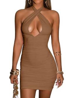 popiv Sexy Partykleid Damen Tief V-Ausschnitt Neckholder Bodycon Minikleid Ohne Ärmel Rückfrei Einfarbig Abendkleid von popiv