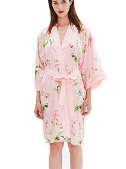 prettystern Damen Kurz Knie-lang glänzend Satin Kimono Morgenmantel Robe Hell-Rosa Floral K01 von prettystern