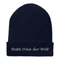Beanie-Mütze mit Namen Beste Oma der Welt Bestickt - Farbe Blau - personalisierte Mütze, Strickmütze, Namensstickerei von printplanet