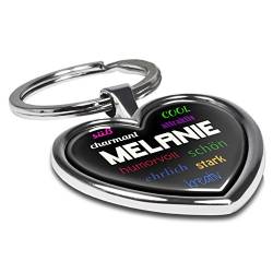 Schlüsselanhänger mit Namen Melanie - Motiv Positive Eigenschaften - Herz-Schlüsselanhänger, Namensschlüsselanhänger, personalisierter Anhänger, Herz-Anhänger, Chrom von printplanet