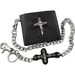 Skull Cross Herren-Geldbörse aus Leder mit Jeanskette, Schwarz, long wallet, Faltbare Brieftasche von punkman2000