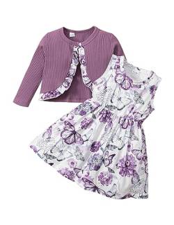 puseky Kleinkind Baby Mädchen Kleider und Strickjacke Set Baby Girl Floral Print Ärmelloses Kleider und Mantel Set 18-24 Monate von puseky