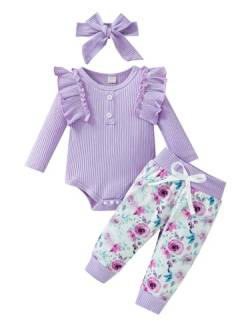 puseky Neugeborenes Baby Mädchen Kleidung 0-3 Monate geraffte lange Ärmel Strampler Jumpsuit und Floral Hosen Baby Girl Outfits Set Violett von puseky