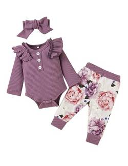 puseky Neugeborenes Baby Mädchen Kleidung Geraffte Lange Ärmel Strampler Floral Hosen Stirnband Mädchen Outfits Set von puseky