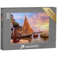 puzzleYOU Puzzle Alter Mann meditiert am Ganges bei Sonnenaufgang, 1000 Puzzleteile, puzzleYOU-Kollektionen Indien von puzzleYOU