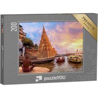 puzzleYOU Puzzle Alter Mann meditiert am Ganges bei Sonnenaufgang, 200 Puzzleteile, puzzleYOU-Kollektionen Indien von puzzleYOU