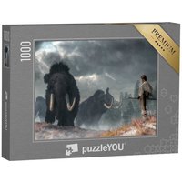 puzzleYOU Puzzle Digitale Kunst: Mutige Frau im Anblick von Mammuts, 1000 Puzzleteile, puzzleYOU-Kollektionen Fabel von puzzleYOU