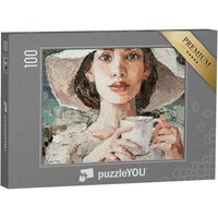 puzzleYOU Puzzle Eine weiß gekleidete Frau genießt ihren Kaffee, 100 Puzzleteile, puzzleYOU-Kollektionen Gemälde von puzzleYOU