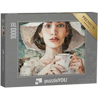 puzzleYOU Puzzle Eine weiß gekleidete Frau genießt ihren Kaffee, 1000 Puzzleteile, puzzleYOU-Kollektionen Gemälde von puzzleYOU