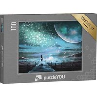 puzzleYOU Puzzle Fantasy-Illustration: Frau und Anblick der Galaxie, 100 Puzzleteile, puzzleYOU-Kollektionen Fantasy von puzzleYOU