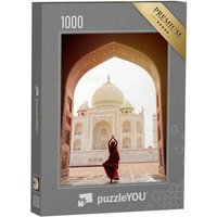 puzzleYOU Puzzle Indische Frau in rotem Sari im Taj Mahal, Indien, 1000 Puzzleteile, puzzleYOU-Kollektionen Indien von puzzleYOU