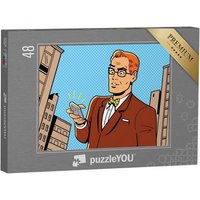 puzzleYOU Puzzle Ironische Illustration: Retro-Mann mit Smartphone, 48 Puzzleteile, puzzleYOU-Kollektionen Comic von puzzleYOU