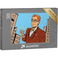 puzzleYOU Puzzle Ironische Illustration: Retro-Mann mit Smartphone, 500 Puzzleteile, puzzleYOU-Kollektionen Comic von puzzleYOU