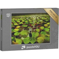 puzzleYOU Puzzle Junger Mann auf riesigem Seerosenblatt, 48 Puzzleteile, puzzleYOU-Kollektionen Fantasy, Illustrationen von puzzleYOU