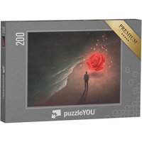puzzleYOU Puzzle Mann allein mit einer riesigen roten Rose, 200 Puzzleteile, puzzleYOU-Kollektionen Fantasy von puzzleYOU
