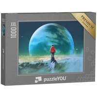 puzzleYOU Puzzle Mann auf Berggipfel blickt auf anderen Planeten, 1000 Puzzleteile, puzzleYOU-Kollektionen Kunst & Fantasy von puzzleYOU