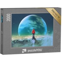 puzzleYOU Puzzle Mann auf Berggipfel blickt auf anderen Planeten, 2000 Puzzleteile, puzzleYOU-Kollektionen Kunst & Fantasy von puzzleYOU