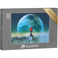 puzzleYOU Puzzle Mann auf Berggipfel blickt auf anderen Planeten, 500 Puzzleteile, puzzleYOU-Kollektionen Kunst & Fantasy von puzzleYOU
