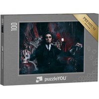 puzzleYOU Puzzle Mann in einem Frack sitzt in Sessel mit Totenkopf, 100 Puzzleteile, puzzleYOU-Kollektionen Vampire von puzzleYOU