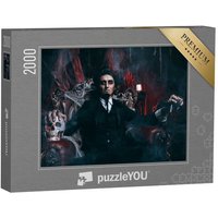 puzzleYOU Puzzle Mann in einem Frack sitzt in Sessel mit Totenkopf, 2000 Puzzleteile, puzzleYOU-Kollektionen Vampire von puzzleYOU
