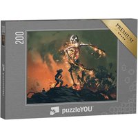 puzzleYOU Puzzle Mann mit Bogen kämpft mit einem flammenden Skelett, 200 Puzzleteile, puzzleYOU-Kollektionen Fantasy von puzzleYOU