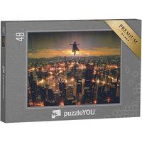puzzleYOU Puzzle Mann schwebt im Himmel und zerstört die Stadt, 48 Puzzleteile, puzzleYOU-Kollektionen Fantasy von puzzleYOU