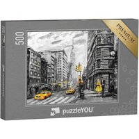 puzzleYOU Puzzle Ölgemälde: New York, Mann, Frau und gelbes Taxi, 500 Puzzleteile, puzzleYOU-Kollektionen New York, Kunst & Fantasy von puzzleYOU