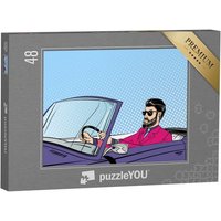 puzzleYOU Puzzle Pop-Art: bärtiger Mann fährt lila Cabrio, 48 Puzzleteile, puzzleYOU-Kollektionen Comic von puzzleYOU