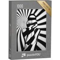 puzzleYOU Puzzle Porträt einer jg. Frau im Licht eines Projektors, 1000 Puzzleteile, puzzleYOU-Kollektionen Fotokunst, Schwarz-Weiß von puzzleYOU