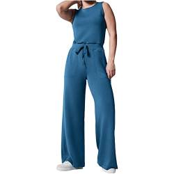 Air Essentials Jumpsuit Damen Elegant Casual Ärmelloser Einfarbiger Jumpsuits für Damen Mit Weitem Bein Rundhals Ausschnitt Jumpsuit Mit Taschen Elastischer Hohen Taille Kordelzug Romper Overall Damen von pvucpot