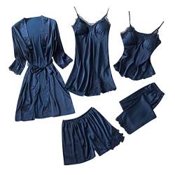 Damen 5 Stücke Satin Schlafanzug Set Spitze Kimono Robe Pyjama Set Sexy Negligee und Shorts Nachthemd 4-teiliges Set, Mit Brustpolster von pvucpot