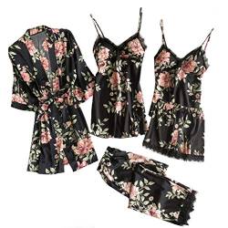 Damen 5 Stücke Satin Schlafanzug Set Spitze Kimono Robe Pyjama Set Sexy Negligee und Shorts Nachthemd 4-teiliges Set, Mit Brustpolster von pvucpot