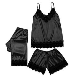 Damen Nachthemden Sets 3-teiliges Sexy Spitze Spaghetti Strap Cami & Kurze Hose Weich Lounge Wear Dessous Schlafanzug Sommer Kurz Pyjama Nachtwäsche Satin Schlafanzüge von pvucpot