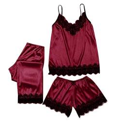 Damen Nachthemden Sets 3-teiliges Sexy Spitze Spaghetti Strap Cami & Kurze Hose Weich Lounge Wear Dessous Schlafanzug Sommer Kurz Pyjama Nachtwäsche Satin Schlafanzüge von pvucpot