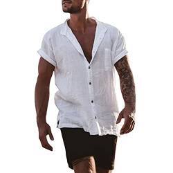 Herren Hemd Kurzarm Leinenhemd Baumwolle Leinen Sommerhemd Button Down Hemd Regular Fit Einfarbig Basic Shirt Buissness Freizeithemd Männer Tops von pvucpot