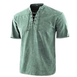Herren Leinenhemd Traditioneller Retro-Stil Schnürung Kurzarm Shirt von pvucpot