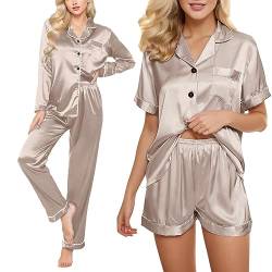 Satin Pyjama Damen Kurz 4-teiliges Schlafanzug Kurzarm Nachtwäsche Cami and Shorts Set Frauen Pjs Sets Hausanzug Loungewear Schlafanzug Plaid Pajamas Set Nachtwäsche Schlafhose Schlafanzüge Hausanzug von pvucpot