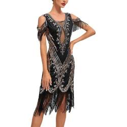 pvucpot 1920s Kleid Damen Kurz Fransen Ärmel Rund Ausschnitt Flapper Kleid 20er Jahre Paillettenkleider Gatsby Cocktail Party Damen Fasching Kostüm Kleid Sexy von pvucpot