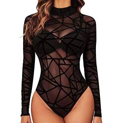 pvucpot Damen Body Sexy Bodysuit Elegant Mesh Top Langarm Formende Bodys Rollkragen Oberteil Dessous Babydoll von pvucpot