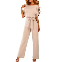 pvucpot Damen Elegant Jumpsuit O-Ausschnitt Lang Overall Hosenanzug Playsuit Romper (Beige, XXXL) von pvucpot